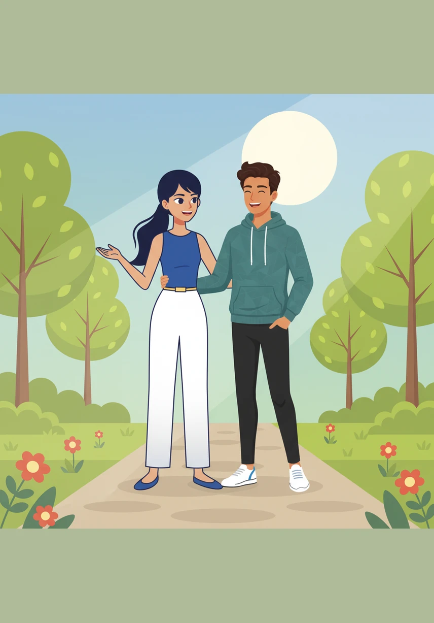 The next morning, the couple enjoys a peaceful walk through the sun-drenched park, leaving their phones and games behind. They laugh and talk, finally rediscovering the simple joy of each other's company and the beauty of being truly present.