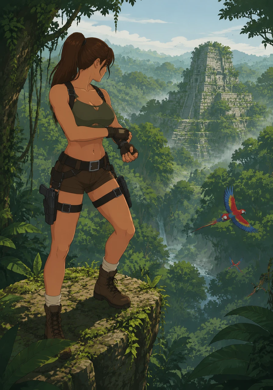 Aria Kane stands perched on a moss-covered ledge, gazing down into the dense Mayan jungle. She adjusts the straps on her gloves and secures her dual pistols, the ancient stone temple she seeks just visible through the humid, green canopy. The air is thick with anticipation and the sounds of exotic wildlife.