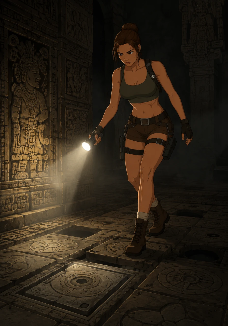 Inside, the air is cool and smells of earth and centuries-old dust. Aria carefully steps over ancient trigger plates, her flashlight beam cutting through the gloom and illuminating complex carvings on the walls. One misstep could activate forgotten mechanisms.