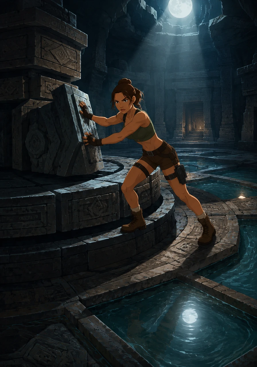 Aria enters a massive chamber dominated by a complex, multi-layered puzzle made of shifting stone blocks and reflecting pools. She uses her knowledge and logic, pushing and rotating heavy stone segments until the moonlight catches the water just right, unlocking the path forward with a deep rumble.
