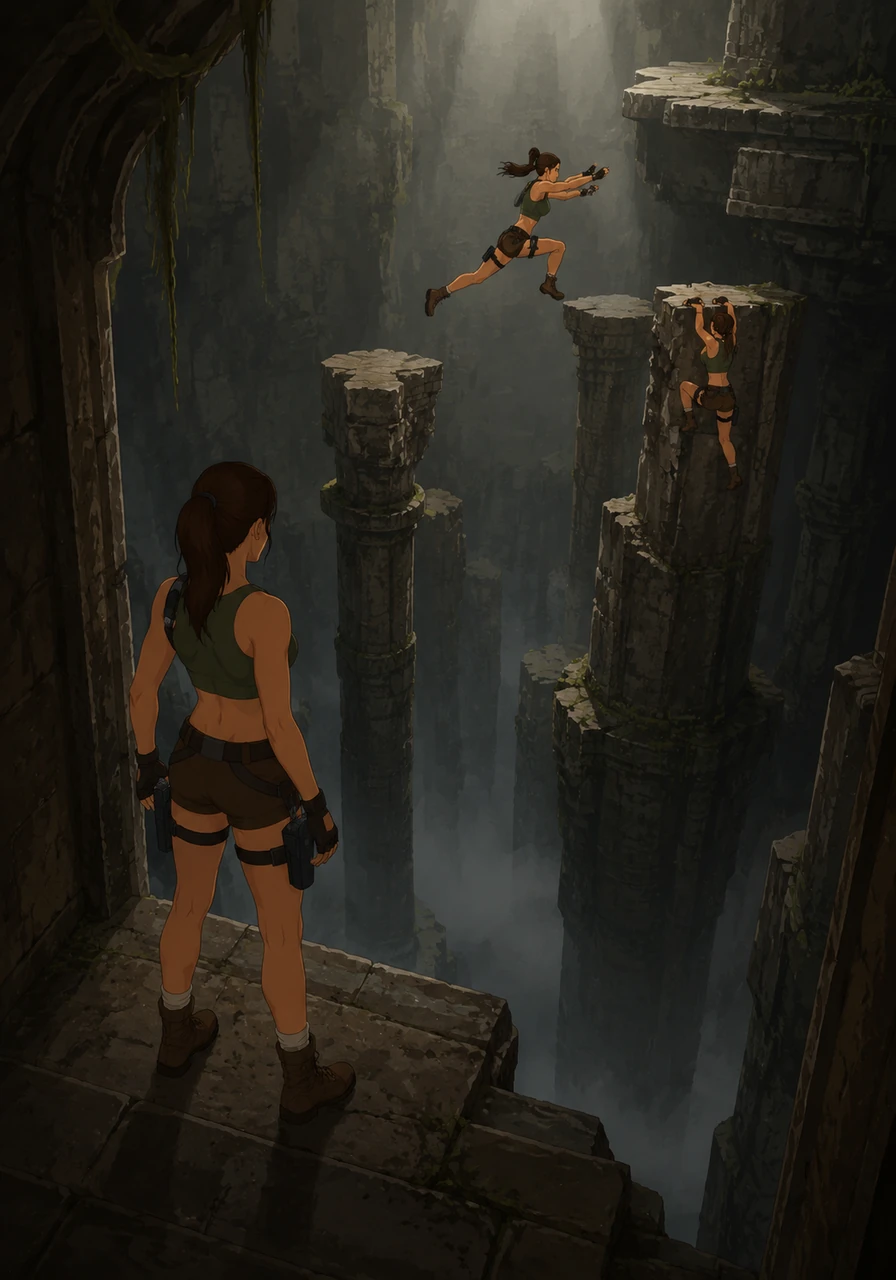 Having solved the puzzle, a hidden passage opens, leading Aria down a narrow, damp stairway. At the bottom, she finds herself facing a sheer drop with only crumbling pillars for support. She calculates her path and begins a series of acrobatic leaps and climbs across the chasm.