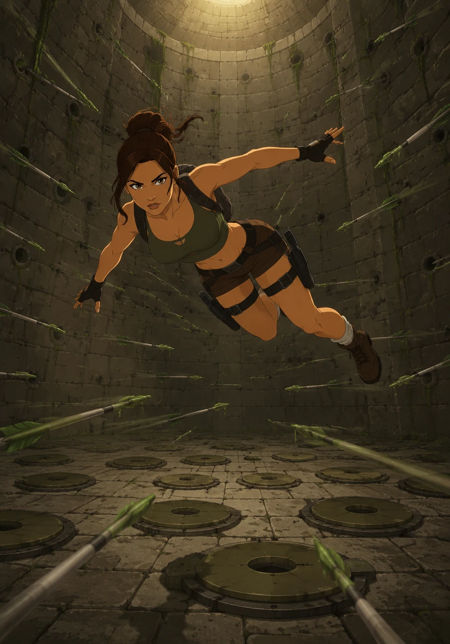 Aria reaches a seemingly empty circular room, but as she crosses the threshold, dozens of pressure plates activate simultaneously. Poisoned darts fly from holes in the walls and floor, forcing her to dodge, dive, and use her reflexes in a chaotic dance of survival.