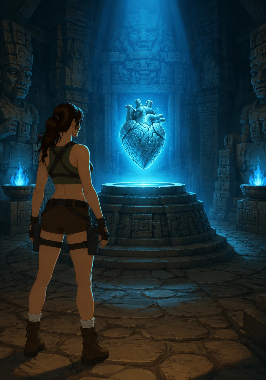 She barely escapes the dart trap and pushes deeper into the temple, finally entering the magnificent inner sanctum. Bathed in a magical azure light, the legendary artifact she sought—the Stone Heart of Xibalba—floats gently above a carved pedestal.