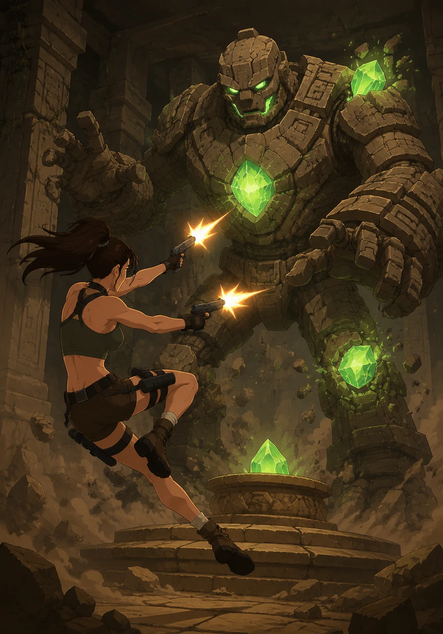 As Aria approaches the artifact, a deafening roar echoes and a massive stone golem, the temple's guardian, rumbles to life. Aria springs into action, using her agility to outmaneuver the creature and firing precise shots to destroy the glowing energy crystals powering its form.