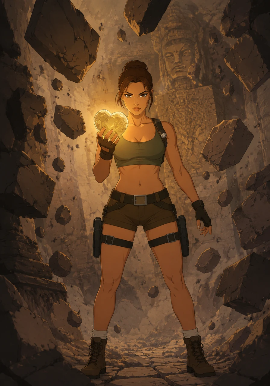 With the guardian defeated, Aria carefully claims the Stone Heart, which pulses with newfound warmth in her hand. The victory is short-lived as the temple begins to collapse around her, rocks raining down and blocking her path.