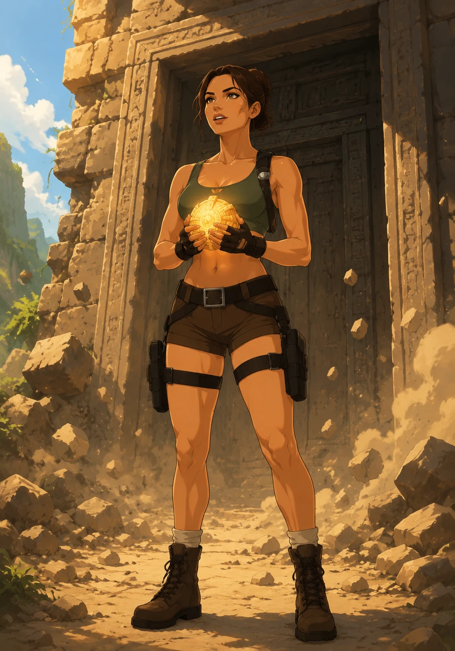 Racing against time, Aria sprints back through the crumbling corridors and barely manages to slide under a closing stone doorway just before the temple implodes. Emerged back into the bright sunlight, she takes a deep breath and looks satisfied at the legendary artifact, ready for her next adventure.