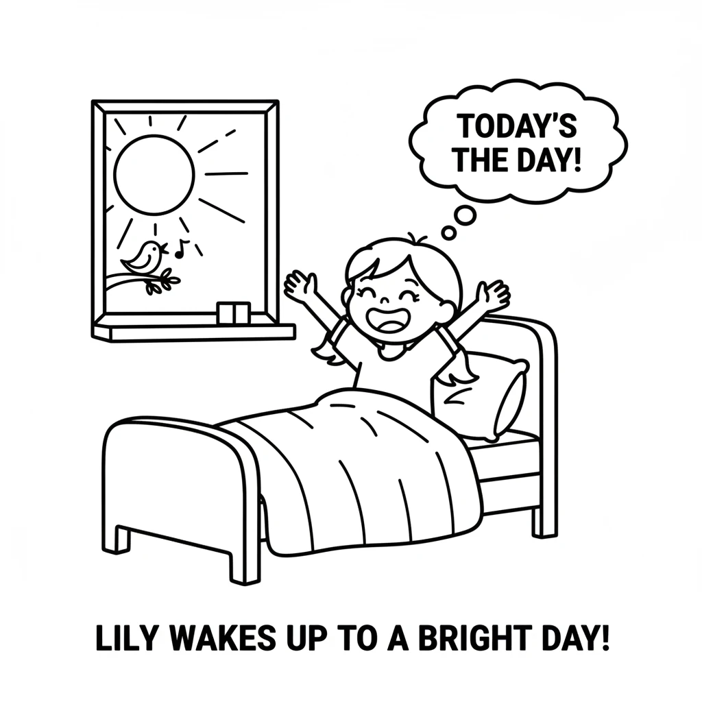 Lily wakes up to a bright, sunny morning, her eyes twinkling with excitement. Today is her special day, and she can feel the joy bubbling inside her.