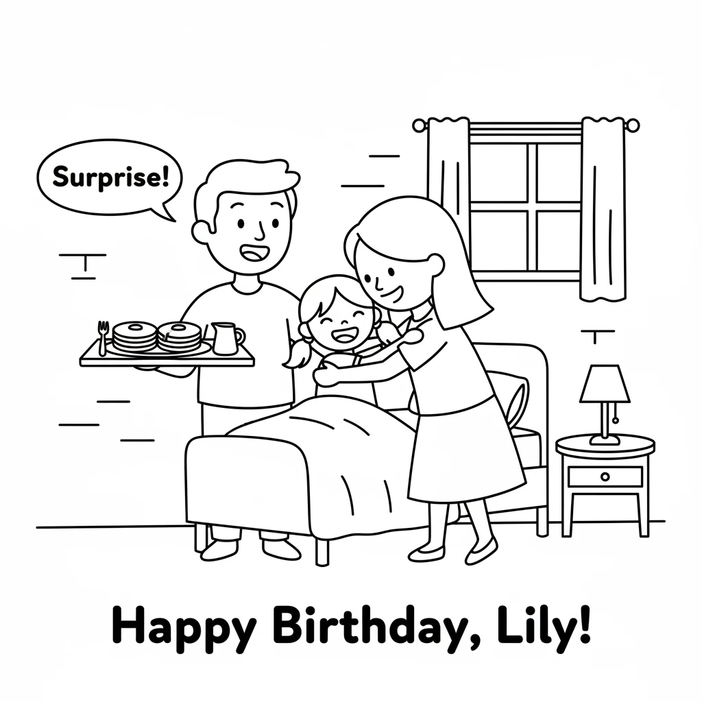 Mom and Dad tiptoe into her room, holding a yummy breakfast on a tray. They surprise Lily with pancakes and a big hug, making her giggle with delight.