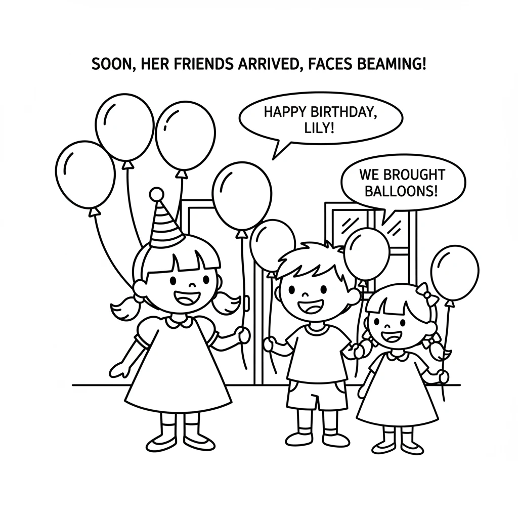 Soon, her friends arrive, their faces beaming with excitement and carrying colorful balloons. They gather around Lily, ready for a day full of fun and