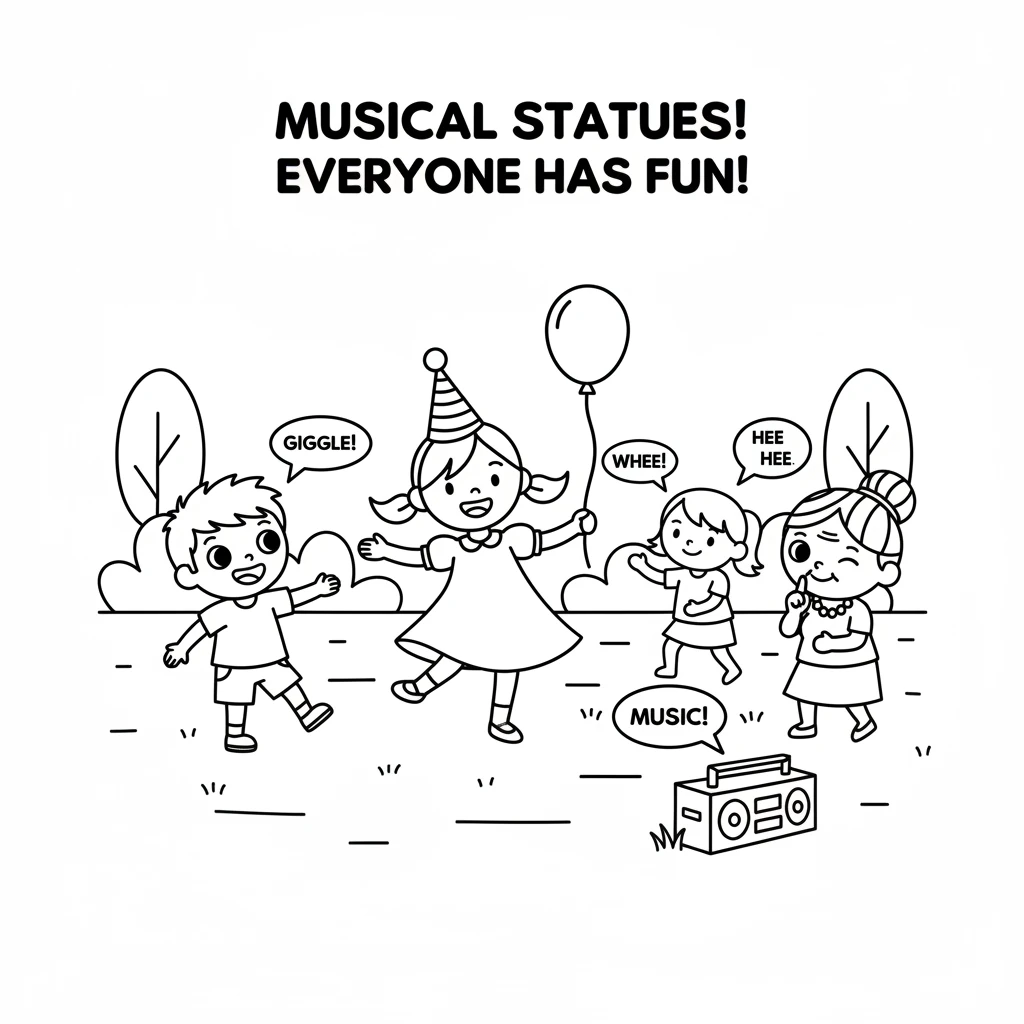 The children play a lively game of musical statues, giggling and wiggling as the music stops and starts. Lily twirls and poses, enjoying every moment