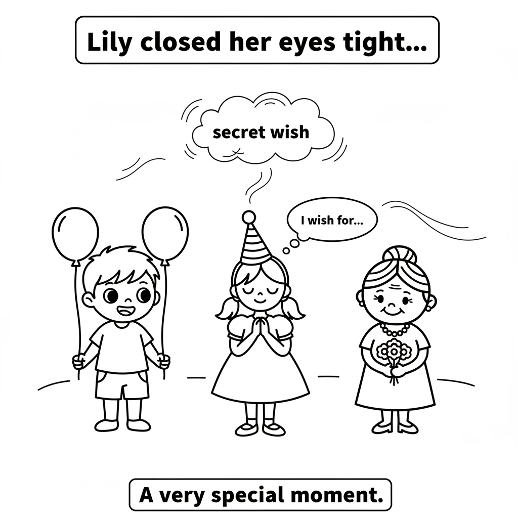 Lily closes her eyes tight, making a secret wish as everyone watches quietly. She imagines her wish floating up to the sky, ready to come true. It's a