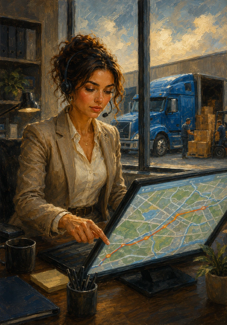 Sarah's first dispatch was for the blue truck. It was to carry toys across the country. She carefully planned the fastest route on her digital screen, avoiding traffic.