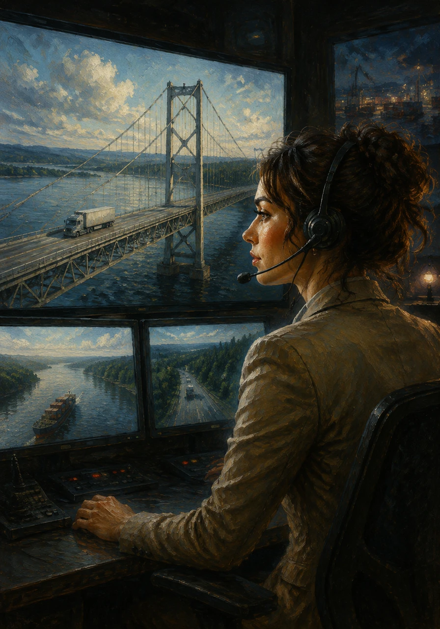 As the truck traveled, Sarah monitored its progress from her central control room. She saw it cross a magnificent suspension bridge over a wide river. Her screens detailed the load temperature and fuel levels.