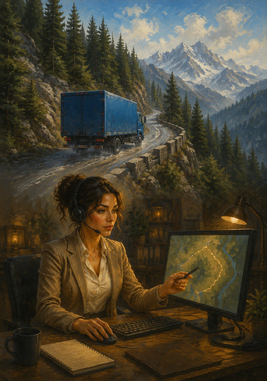 The route led into the mountains. The blue truck climbed steep hills, surrounded by forests. In her office, Sarah adjusted the schedule, ensuring the driver had plenty of time.