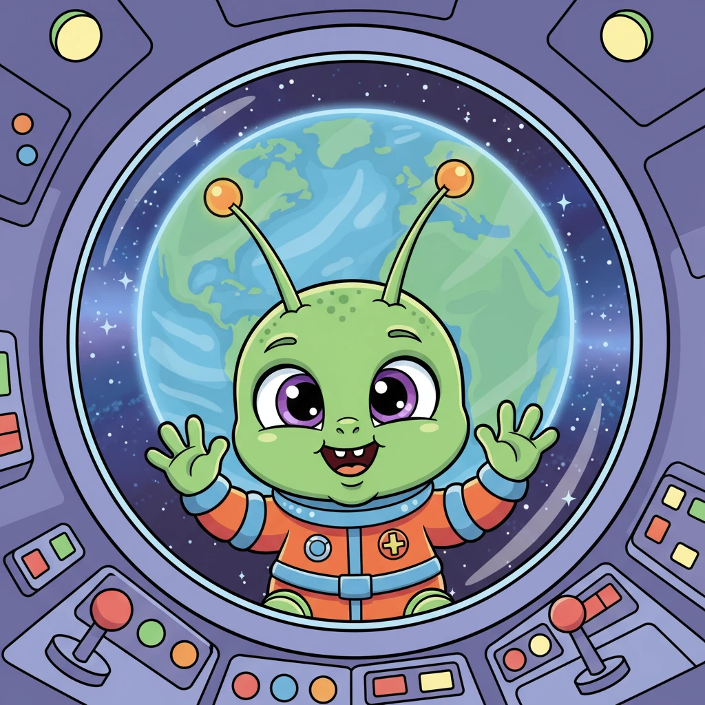 Little Zorp, a squishy green alien with big, sparkling eyes, peered out the window of his colorful spaceship. His antennae wiggled with excitement as a vibrant blue and green planet filled his view. "Earth, here I come!" he chirped, ready for adventure.