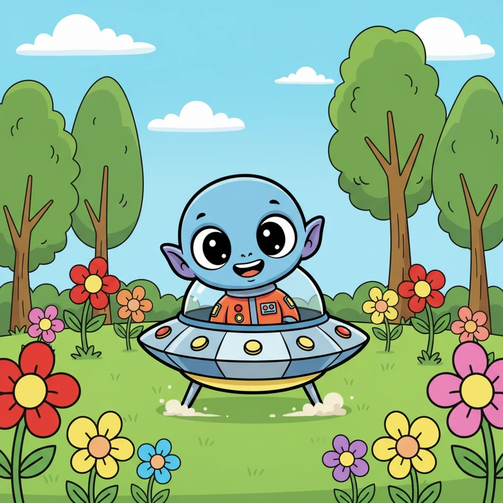 With a gentle whoosh and a soft thump, Zorp's bubble-shaped spaceship landed gracefully in a lush, green park. Colorful flowers bloomed all around, and tall trees swayed gently in the breeze. Zorp peeked out, a wide grin spreading across his face.