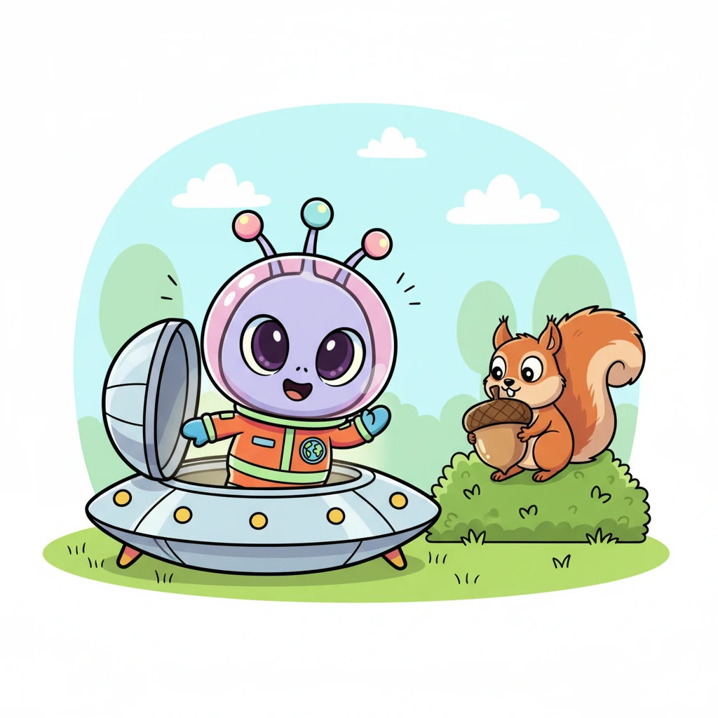 Zorp cautiously opened his spaceship hatch and tiptoed out, his tiny feet making soft thuds on the grass. A fluffy-tailed squirrel, holding a giant acorn, popped up from behind a bush, its eyes wide with surprise. Zorp waved shyly, a friendly giggle escaping him.