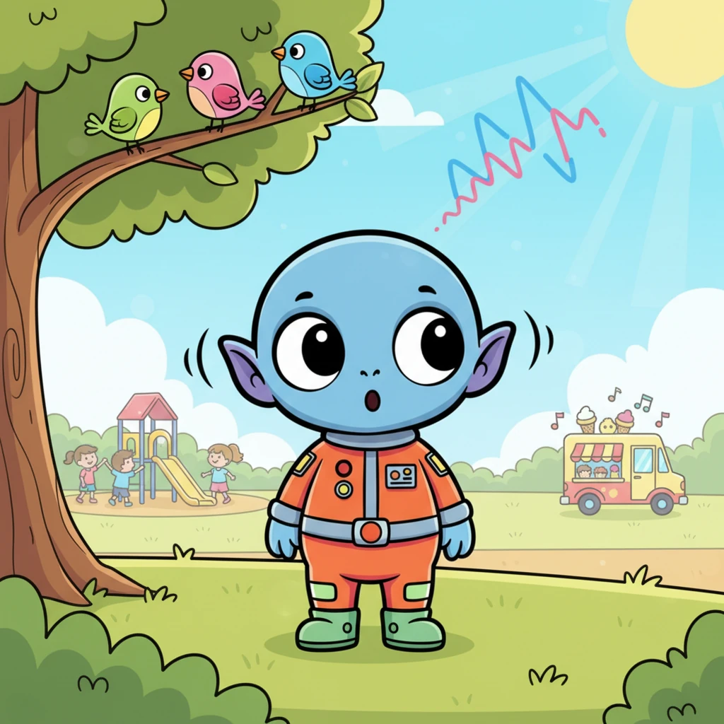 As Zorp explored, he heard strange new sounds – children laughing, birds singing, and a distant ice cream truck jingle. He tilted his head, his big ears twitching, trying to make sense of the delightful cacophony. Everything on Earth was so wonderfully noisy!