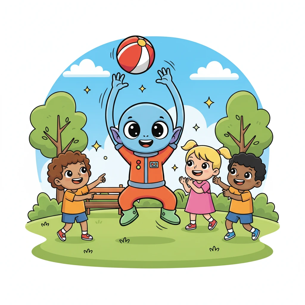 Zorp soon spotted a group of children playing with a bright red ball. With a burst of courage, he joined in, his stretchy arms making him surprisingly good at catching. Laughter echoed through the park as Zorp bounced and giggled with his new human friends.