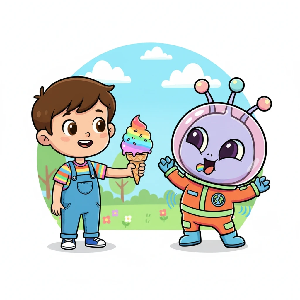 A friendly child offered Zorp a swirly, rainbow-colored ice cream cone. Zorp’s eyes widened with wonder at the sweet, cold treat. He took a tentative lick, and his whole body wiggled with pure delight, a happy hum vibrating from his chest.