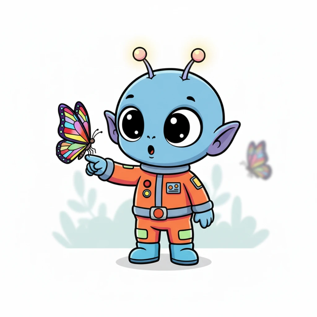 A beautiful butterfly with wings like stained glass fluttered past Zorp, landing gently on his outstretched finger. Zorp gasped in awe, his expressive face showing pure wonder at the delicate creature. He had never seen such a vibrant, graceful insect before.