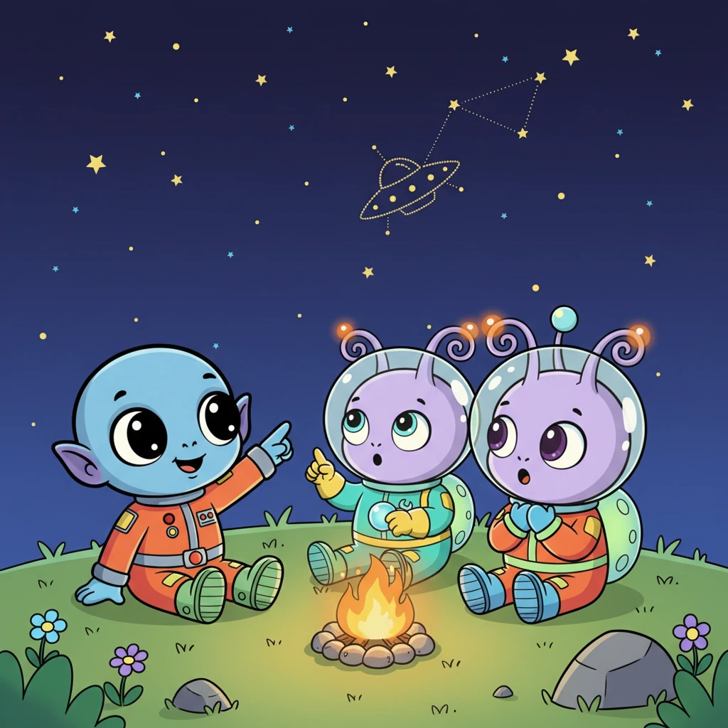 As evening fell, Zorp sat with his new friends, gazing up at the twinkling night sky. He pointed out constellations, sharing stories of his distant home. A tiny pang of homesickness flickered, but the warmth of friendship chased it away.
