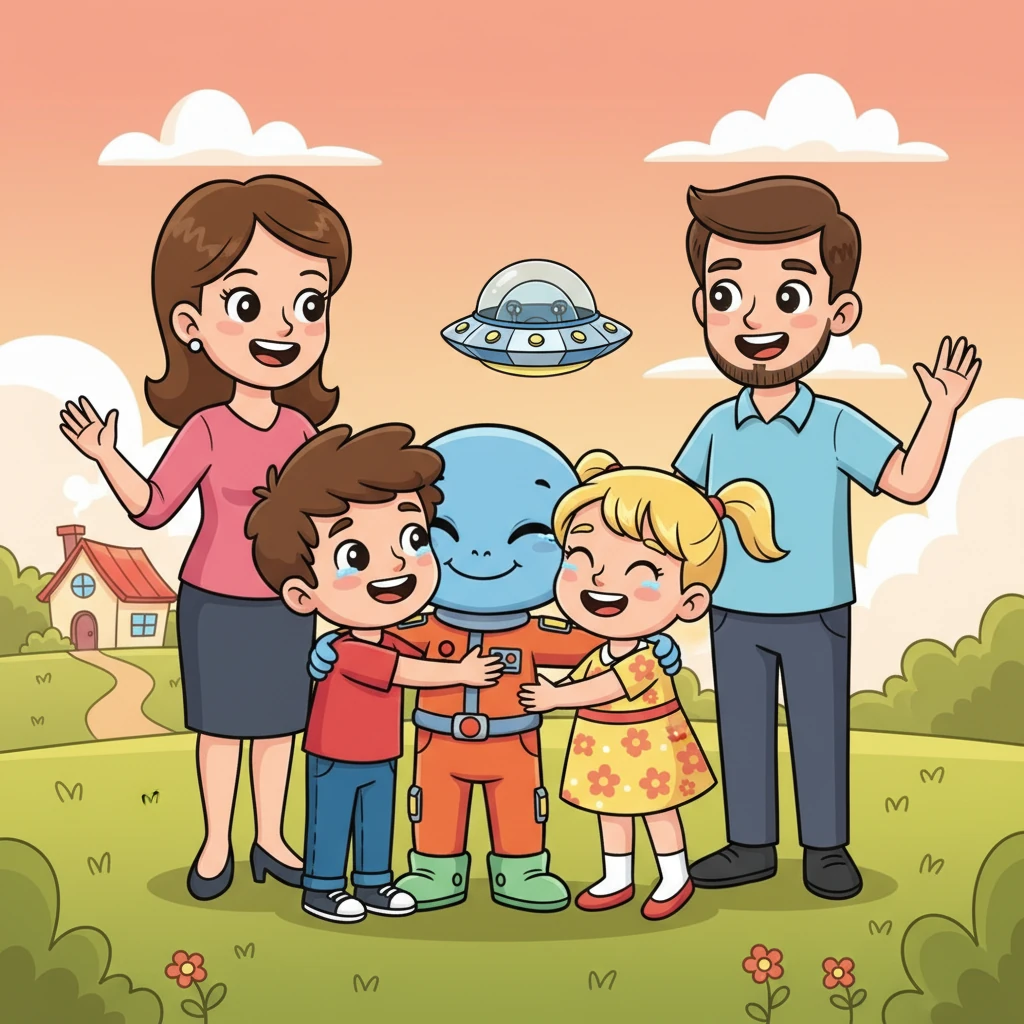 The time came for Zorp to return to his spaceship. His human friends gathered around, waving goodbye with big smiles and promises to visit. Zorp hugged each one tightly, his heart full of the amazing memories they had made.