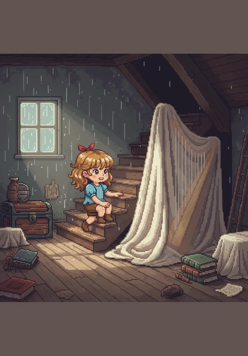 One rainy afternoon, Maya climbed the creaky stairs to the attic, where old treasures were hidden away. Among the shadows, she spotted a tall shape covered in a dusty, soft white cloth.