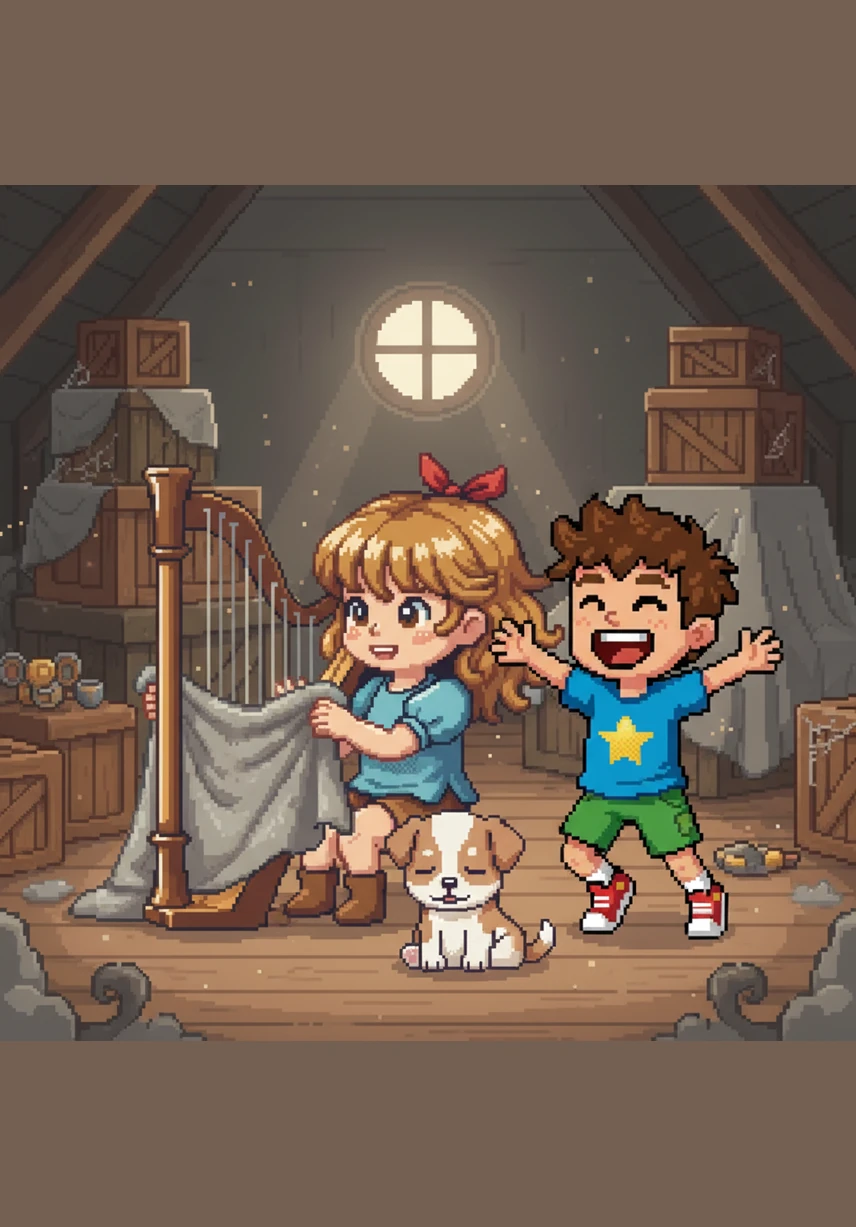 With a gentle tug, Maya pulled the cloth away to reveal a magnificent wooden harp that shimmered in the dim light. Its many thin, silvery strings waited patiently to be touched for the first time in years.