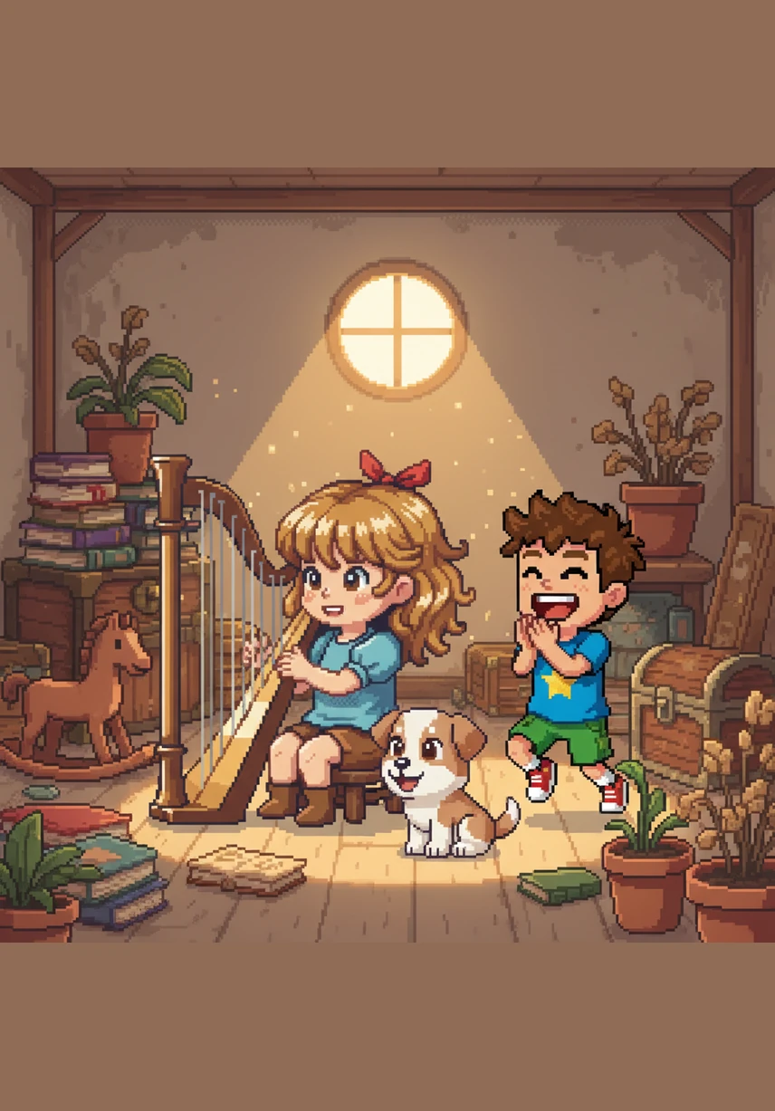 Maya reached out and lightly plucked a string, creating a sound that echoed like soft rain on a tin roof. The plink and plunk of the harp filled the attic with a sweet, mysterious melody.