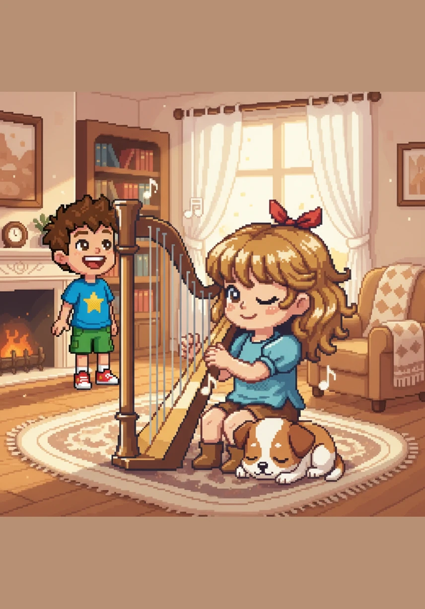 Maya carefully carried the beautiful harp downstairs to the warm living room. She sat on the soft rug, feeling the smooth wood of the instrument against her shoulder as she prepared to play.