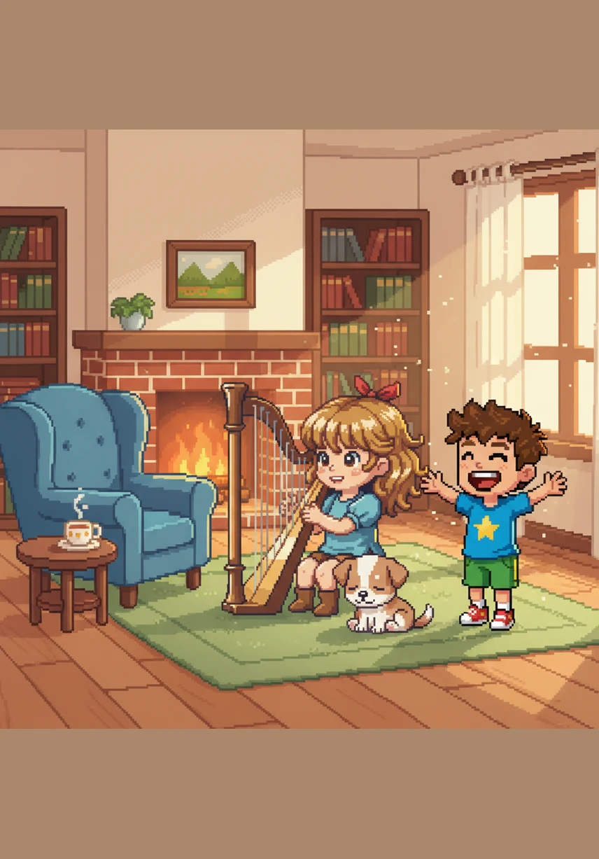 As Maya began to play a slow, soothing tune, the room seemed to grow quiet and cozy. Barnaby stopped his running, wagged his tail slowly, and peacefully rested his head on Maya’s knee.