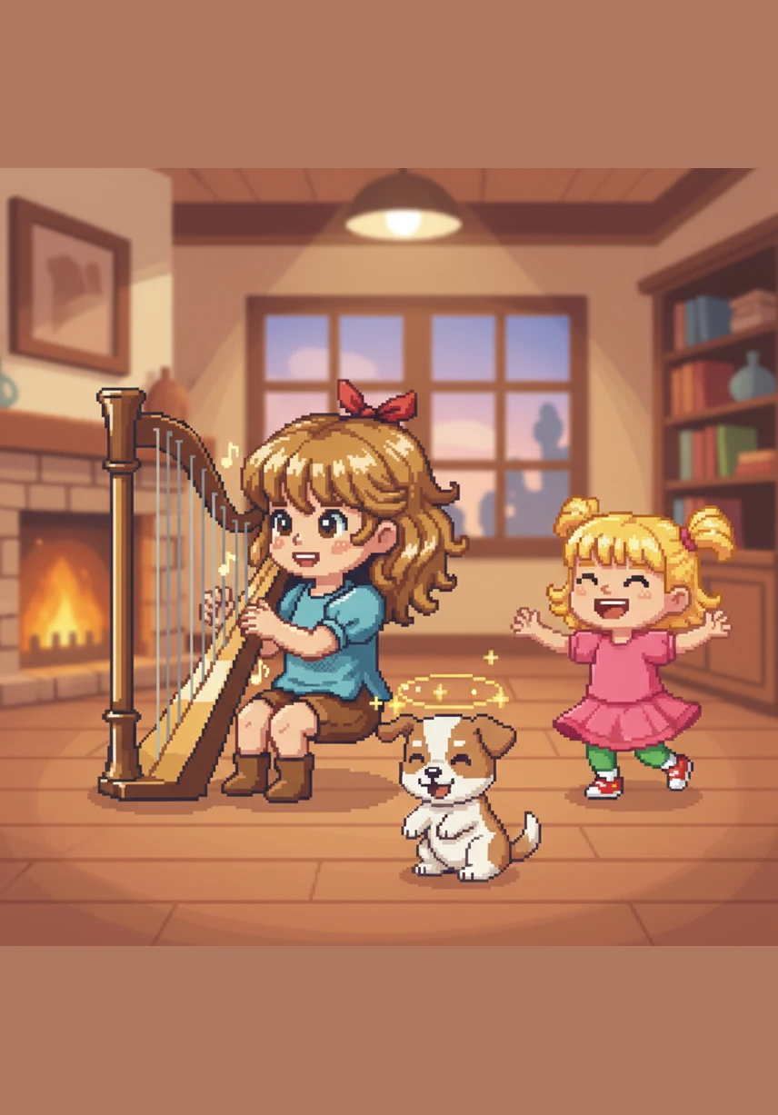 Maya changed her rhythm, playing a fast and happy tune that made everyone want to move. Her friends began to twirl, hop, and dance around the room, their laughter mixing with the magical notes of the harp.