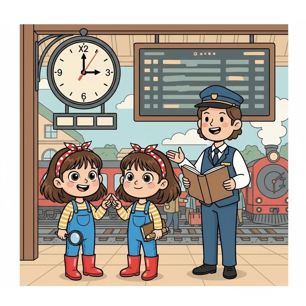 Le gemelle si avvicinarono a un grande orologio appeso alla parete, mentre l'assistente controllava gli orari dei treni. "A che ora parte il prossimo treno per Firenze?" chiese Agnese, impaziente. L'assistente rispose: "Alle dieci e trenta!"