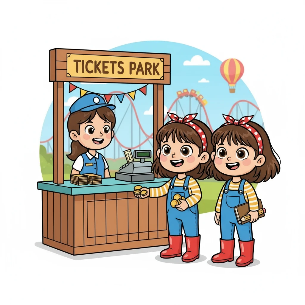 Irene e Agnese si avvicinarono al bancone per comprare i biglietti. "Quanto costa un biglietto?" chiese Irene, porgendo i soldi. L'assistente contò i soldi e rispose: "Dodici euro!". Le gemelle erano pronte per l'avventura.