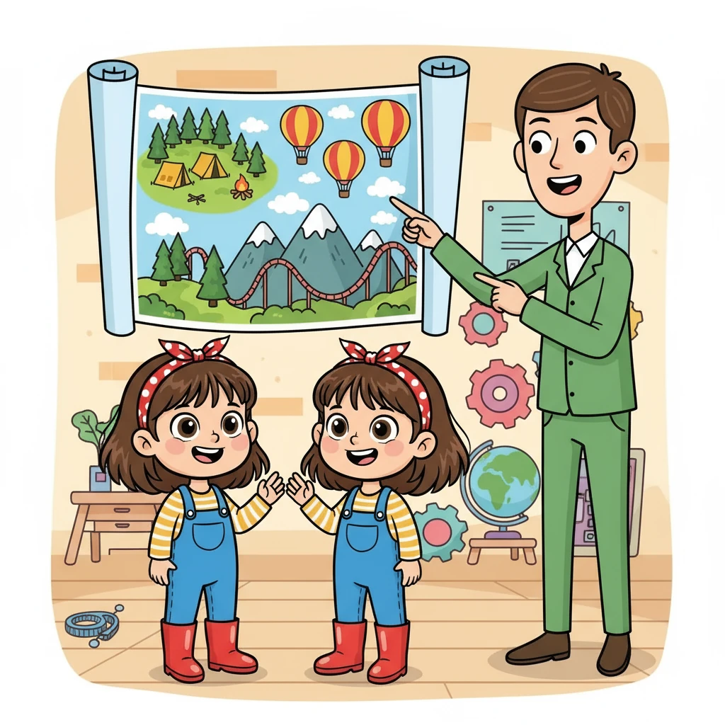 L'assistente, indicando una mappa, propose alle gemelle diverse attività. "Potete andare in campeggio, fare un giro sulle montagne russe o fare un giro in mongolfiera!" disse entusiasta. Irene e Agnese spalancarono gli occhi: "Wow! È fantastico!"