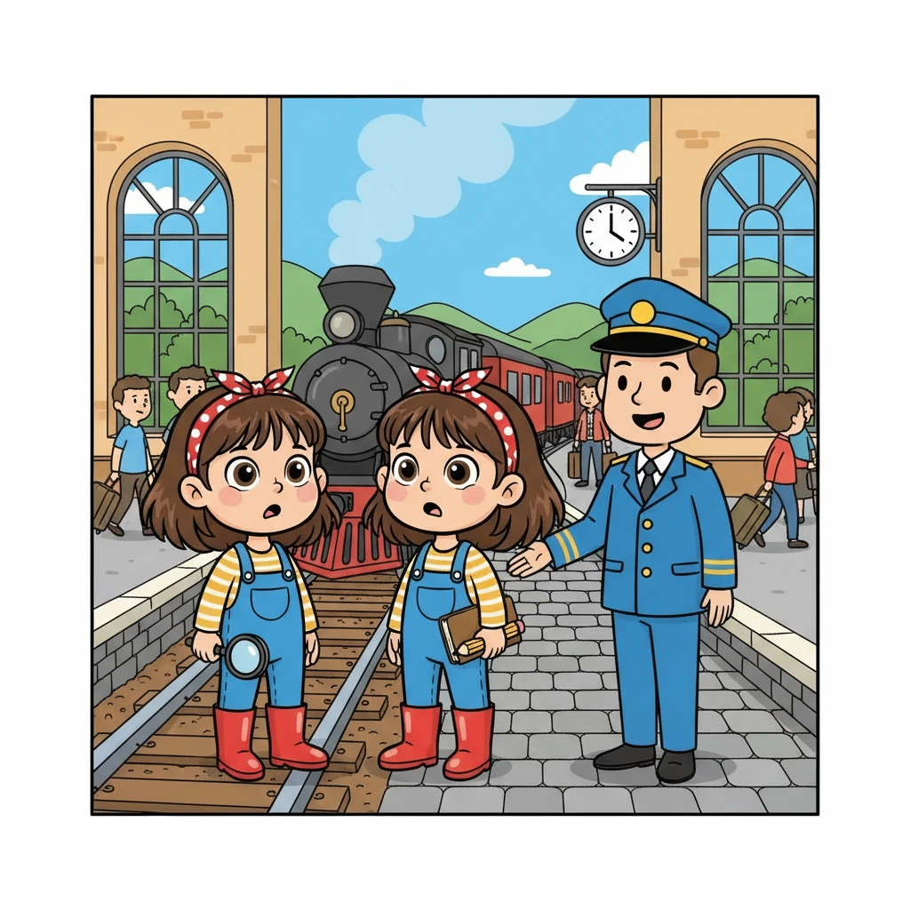 Correndo per la stazione, le gemelle si resero conto di aver perso il treno. "Oh no!" esclamarono, deluse. L'assistente le rassicurò: "Non preoccupatevi, ce n'è un altro alle dodici!".