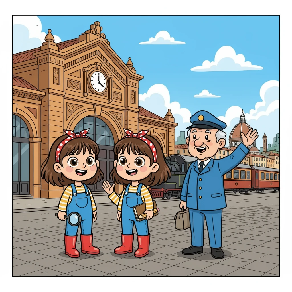 Finalmente, Irene e Agnese, sorridenti, salutarono l'assistente fuori dalla stazione. "Grazie per l'aiuto!" dissero. "Buon viaggio!" rispose l'assistente. Le gemelle erano pronte per la loro avventura a Firenze!