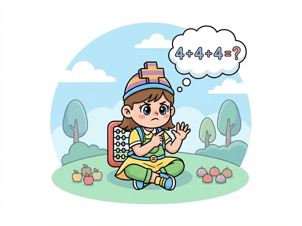 Rara mencoba menghitung dengan jarinya. Lalu, ia ingat perkataan Kura-kura. Ia berpikir, 4 + 4 + 4 sama dengan berapa ya?