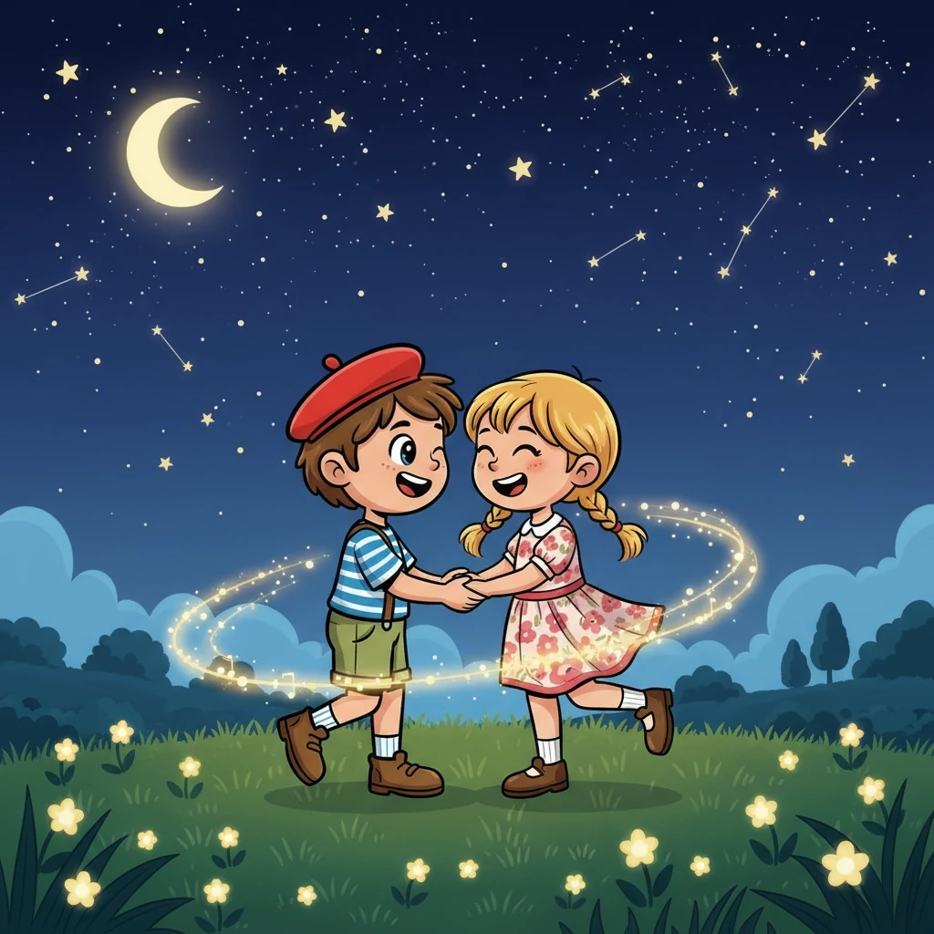 Le couple danse sous un ciel étoilé, enveloppé dans une douce mélodie. Ils rient, s'embrassent, et se sentent connectés par un lien indéfectible. Leur amour, comme une étoile, brille d'un éclat éternel.