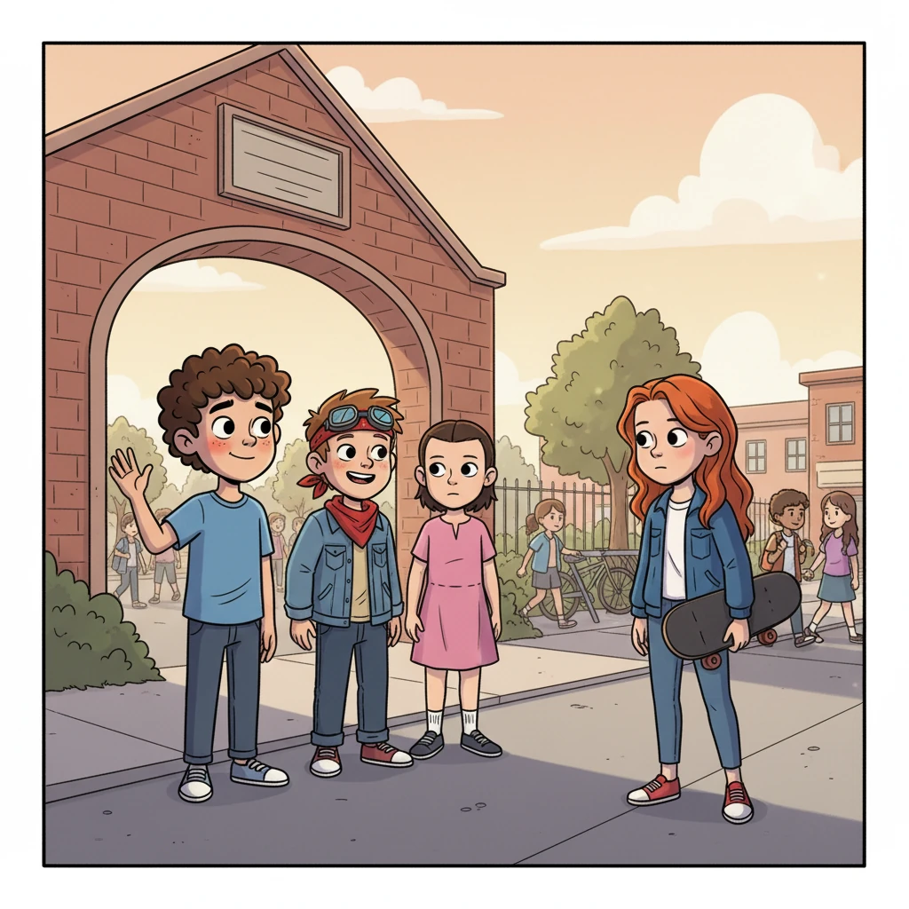 A chegada de Max Mayfield à escola causou um burburinho. Gabriel, com um sorriso interno e um leve rubor, notou o olhar dela sobre ele e seus amigos. "Uhm, oi", ele gaguejou, sentindo o sistema registrar um "Evento de Harem: Max Mayfield - Interesse Inicial +5". Ele pensou: "Isso vai ser interessante pra caralho."