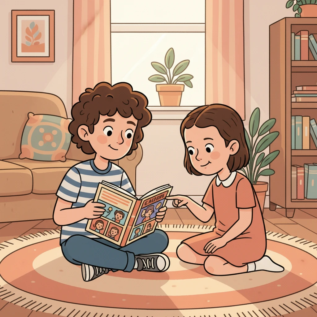 Em um momento tranquilo, Gabriel sentou-se com Eleven, mostrando a ela um gibi e explicando as figuras. Ela o olhava com uma curiosidade infantil, um pequeno sorriso surgindo em seus lábios. O sistema confirmou: "Vínculo com Eleven Aprofundado. Afeto +10."