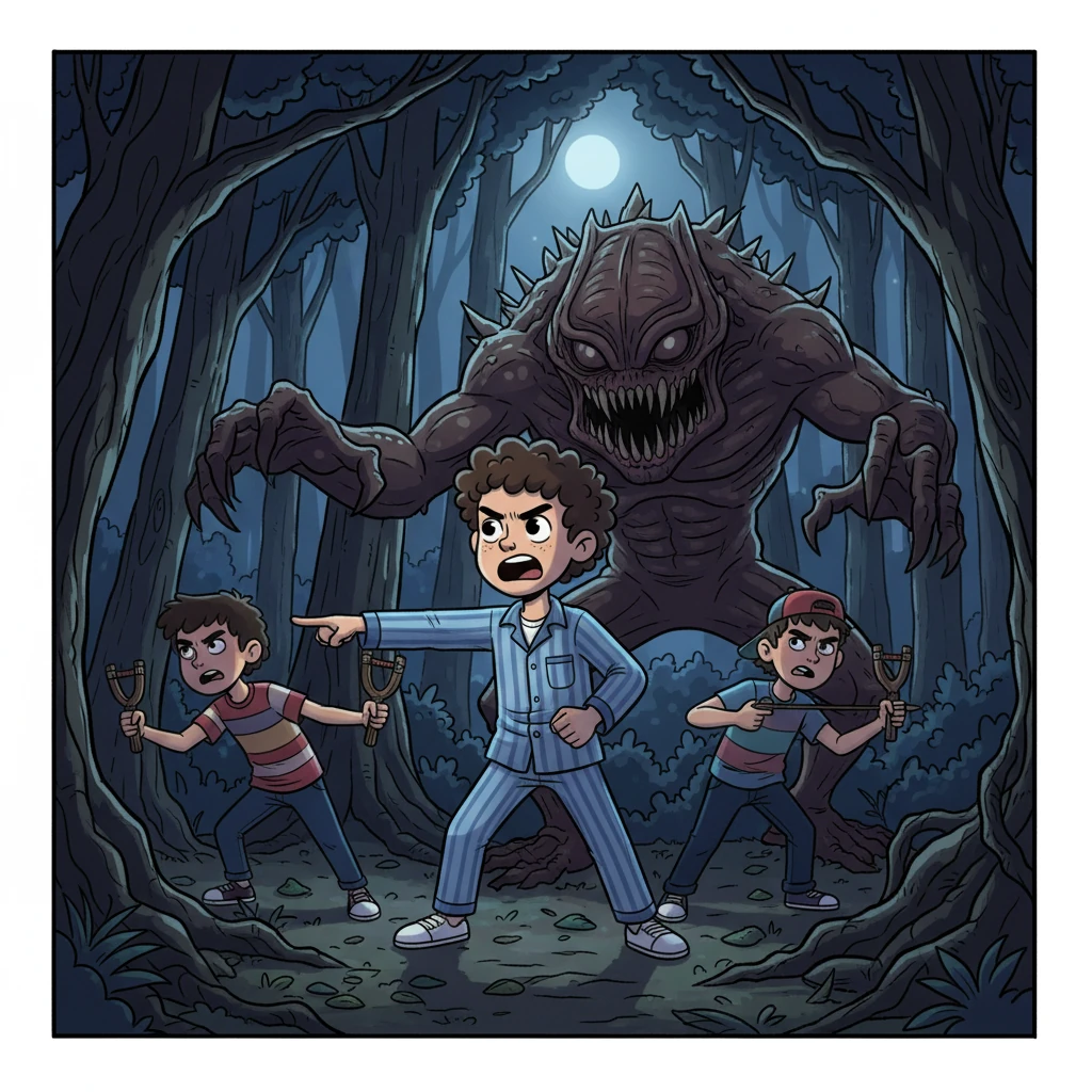 Durante uma exploração noturna, um Demogorgon menor surgiu das sombras, rosnando. O pânico quase tomou conta, mas Gabriel ativou uma "Habilidade de Batalha: Análise de Ponto Fraco". Ele gritou instruções para Lucas e Dustin, usando seu conhecimento para guiar seus ataques, sentindo uma adrenalina insana.