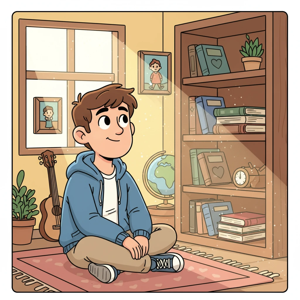 Leo, a young man with a friendly face, sits thoughtfully in a cozy room filled with personal treasures. Dust motes dance in a sunbeam falling on a forgotten stack of English textbooks on a shelf. He looks wistfully at them, remembering how much he once knew.