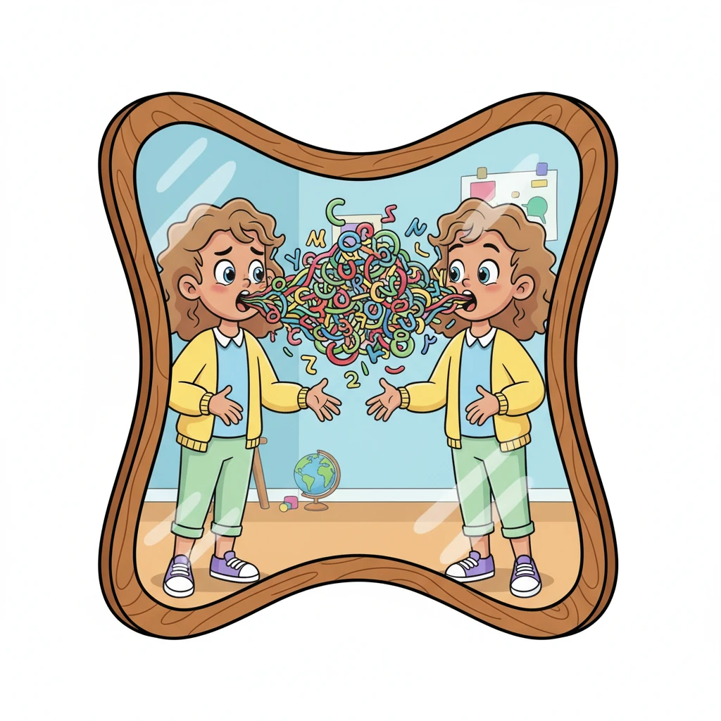 Leo stands in front of a cartoonishly wobbly mirror, trying to speak English, but his face shows utter confusion. Only a tangled knot of colorful, squiggly letters pops out of his mouth instead of clear words. His expression is a mix of determination and bewildered frustration.