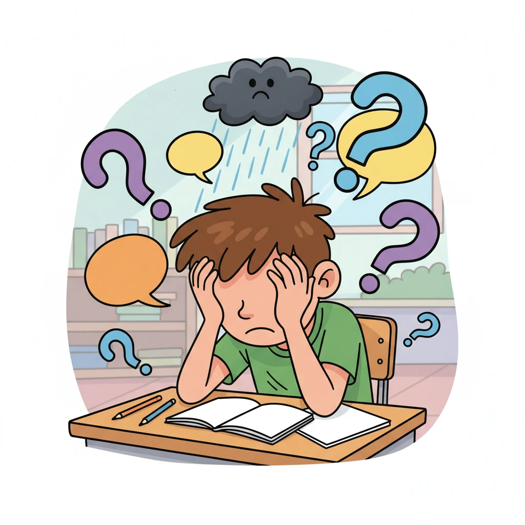 Leo is slumped dramatically at his desk, head buried in his hands, surrounded by swirling question marks and jumbled speech bubbles. A comical, dark storm cloud hovers directly above his head, emphasizing his deep frustration. Tiny, sad rain streaks fall from the cloud.