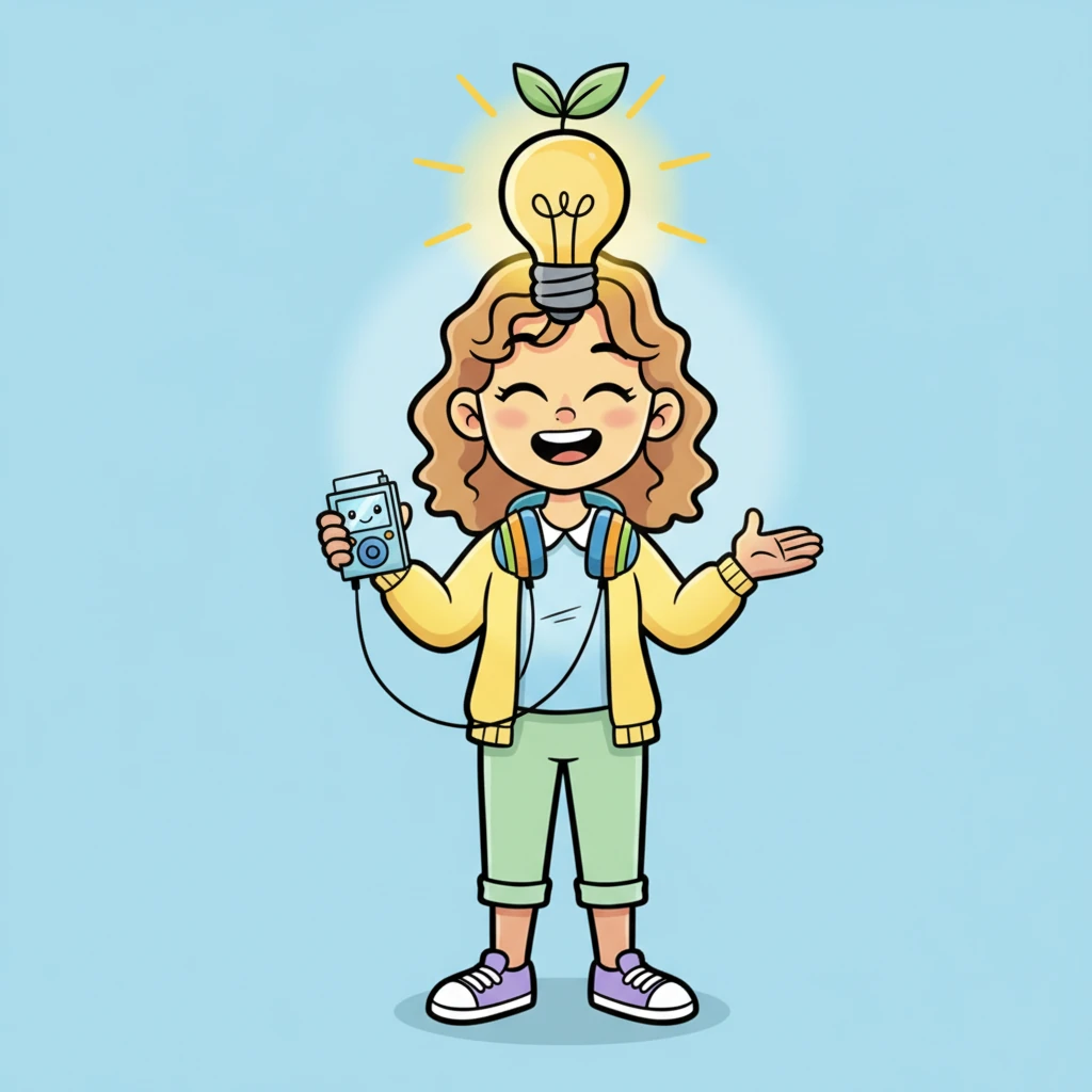 Suddenly, a bright, exaggerated lightbulb pops above Leo's head, illuminating his face with a brilliant, joyful spark of an idea! He grins widely, holding up a small, cheerful audio player with headphones. He looks ready to try a brand new, exciting approach.