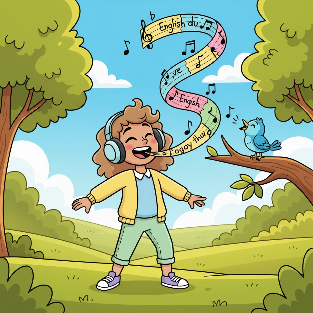 Leo is now outside in a sun-drenched park, headphones on, repeating words with a magnificent, open-mouthed smile. Beautiful, flowing English words and graceful musical notes float effortlessly from his mouth, forming a smooth, colorful ribbon in the air. A friendly bird on a branch chirps along happily.