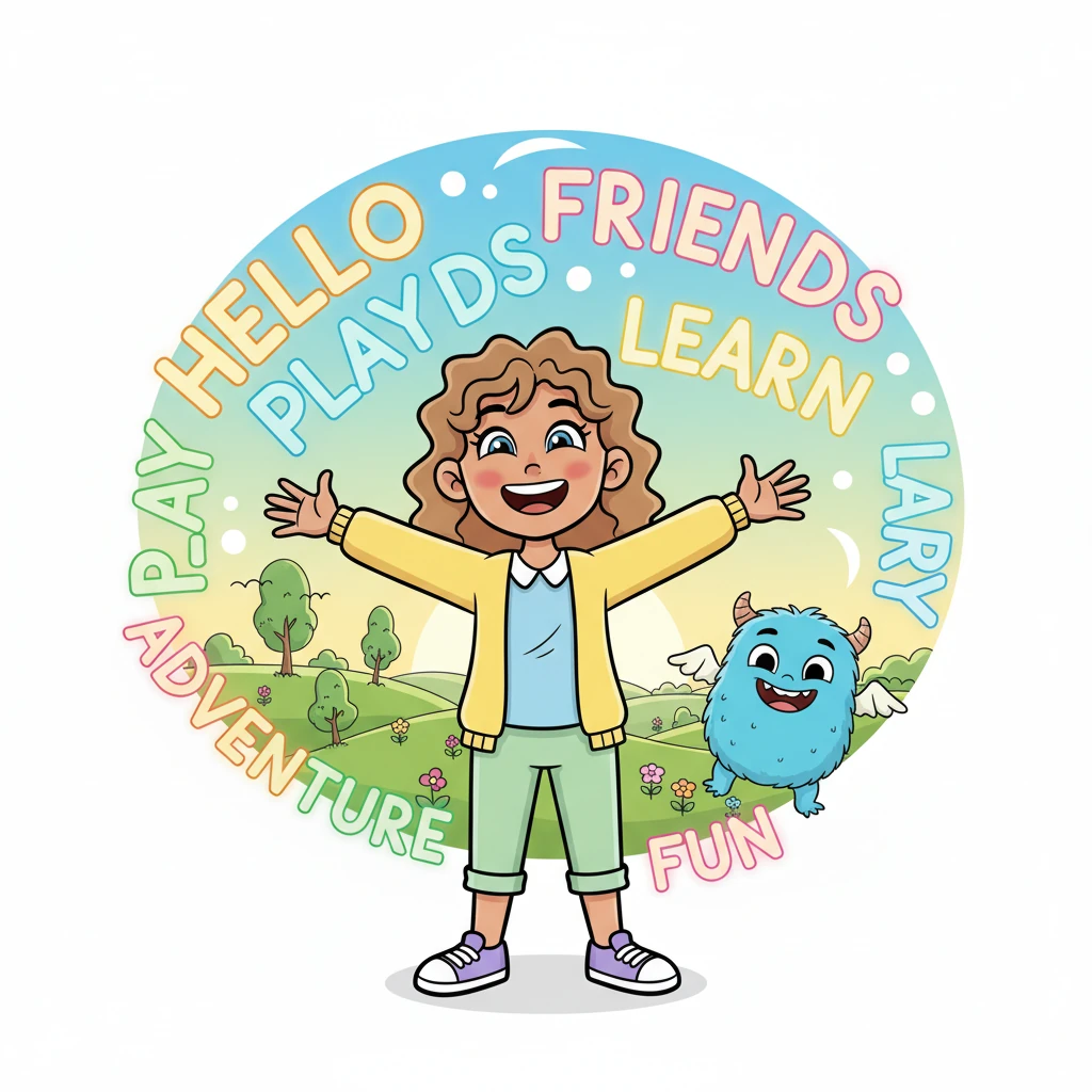 A confident and beaming Leo stands tall, arms wide open, as bright, clear English words and phrases swirl around him like a joyful, vibrant aurora. He is easily chatting and laughing with a friendly, equally cheerful cartoon character. The background is a bright, optimistic landscape, full of endless possibilities.