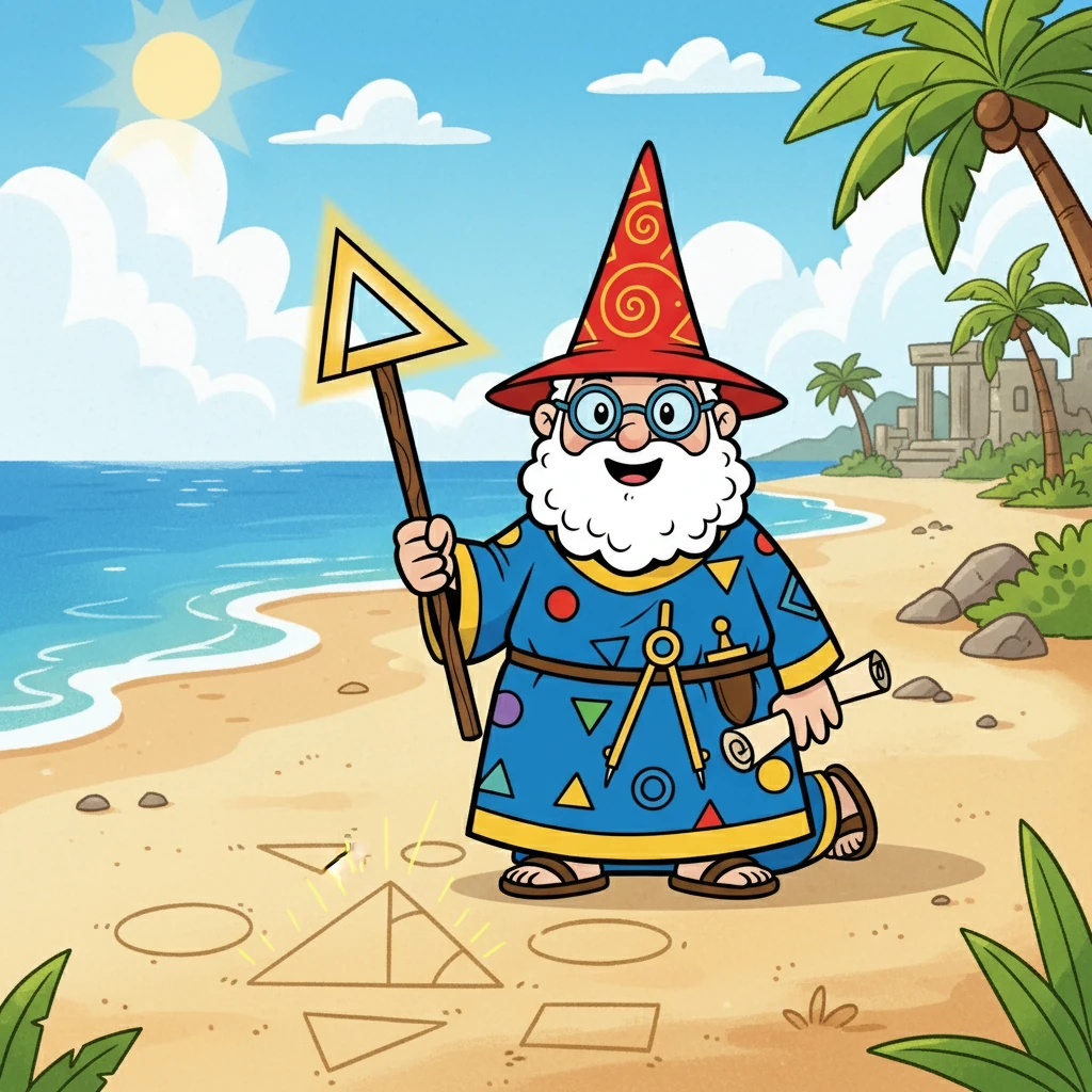 One day, Pythagoras was sketching shapes in the sand when he noticed a peculiar triangle. It had one perfectly straight corner, like the corner of a house. This intrigued him, and he decided to investigate further the relationship between its sides.